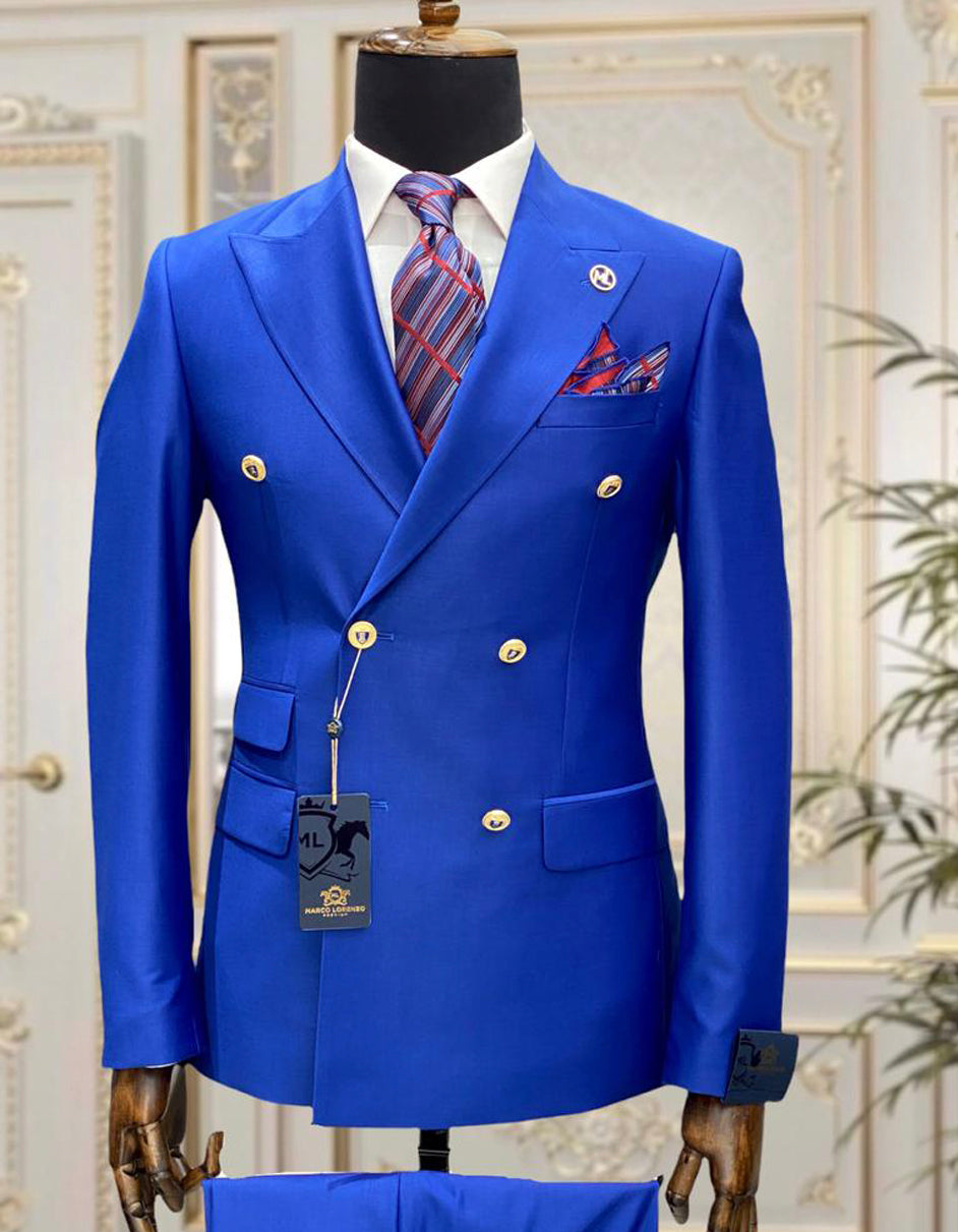 Designer Mens Double Breasted Gold Button Suit in Royal