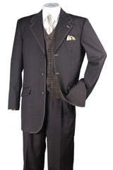 Mens 3 Button Classic Fit Suit with Contrast Stitching and Plaid Vest in Brown