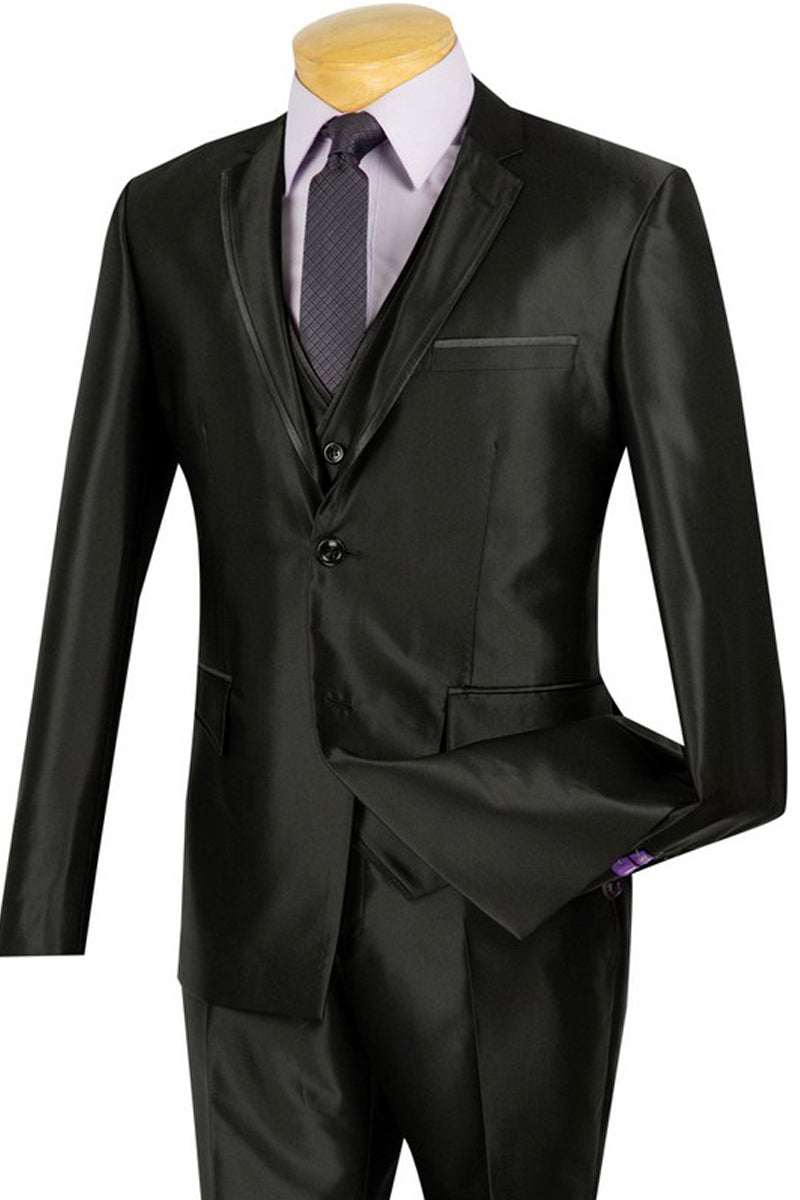 Mens Ultra Slim Fit Vested Shiny Sharkskin Suit with Trim in Black