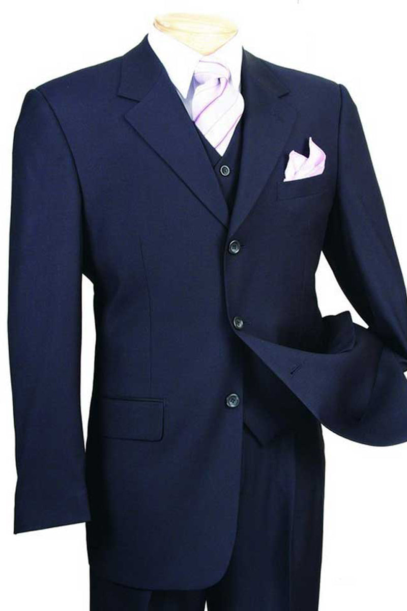 Mens 3 Button Vested Basic Wool Feel Suit in Navy