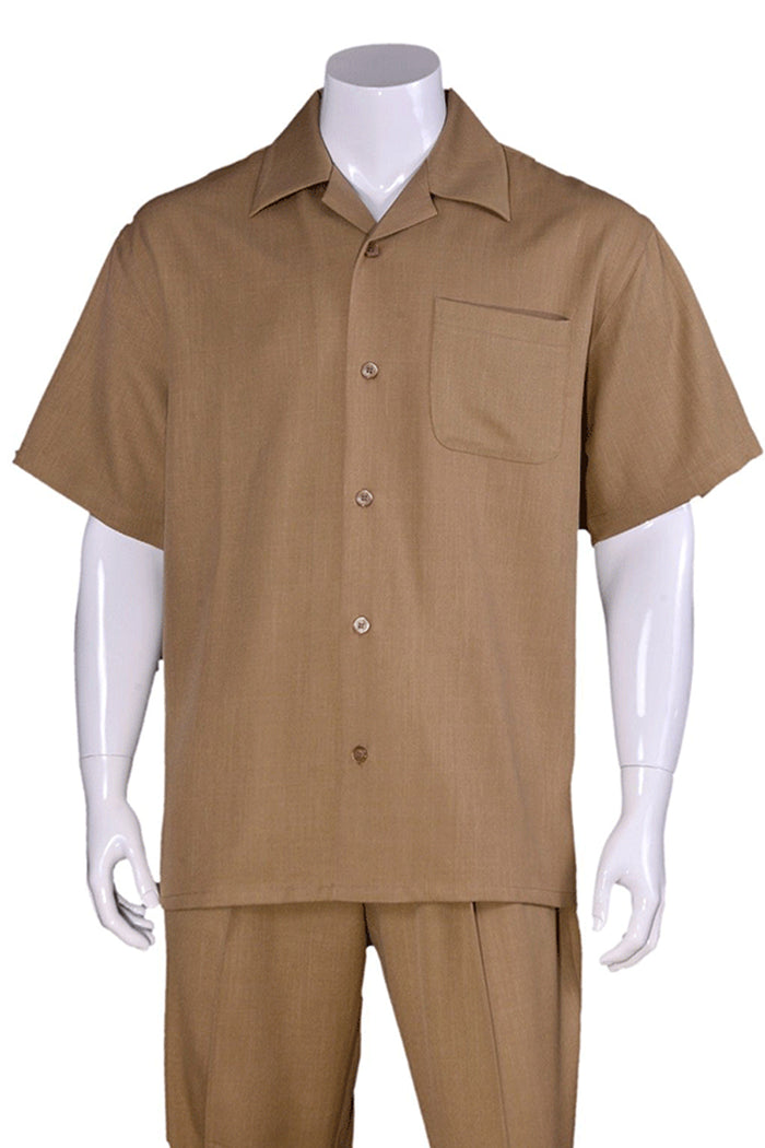 Men’s Tan Short Sleeve Walking Suit Casual Summer Leisure Set 2 Piece Shirt and Pants Outfit