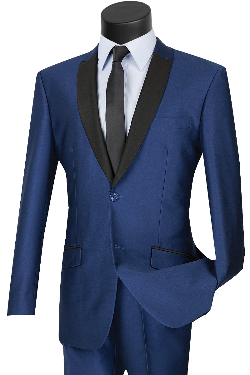 Mens 2 Buttton Slim Contrast Peak Lapel Tuxedo in Navy