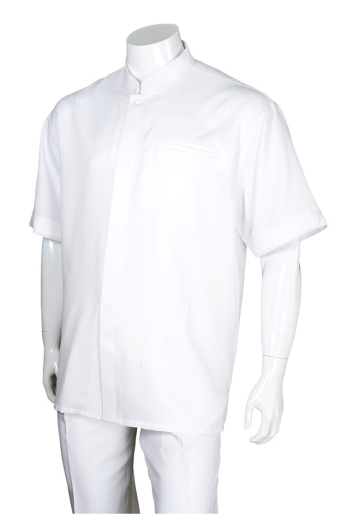 Mens Short Sleeve Banded Mandarin Collar Walking Suit in White