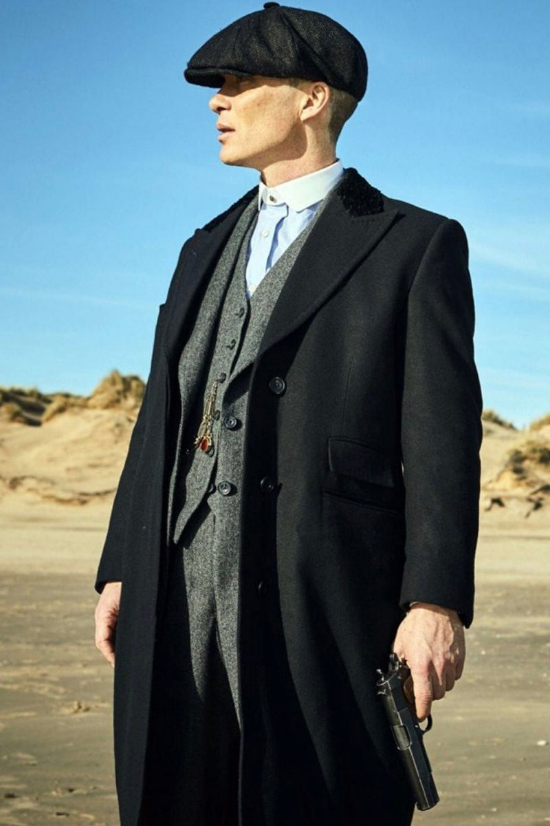 Mens Peaky Blinders Costume Thomas Shelby Grey Vested Suit with Black Overcoat & Hat