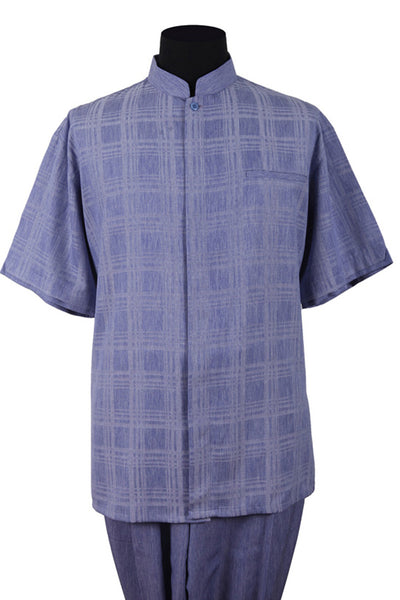 Mens Short Sleeve Plaid Mandarin Banded Collar Walking Suit in Blue