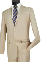Mens 2 Button Wool Feel Slim Fit Suit in Light Beige