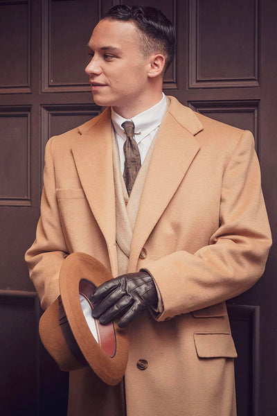 Mens Peaky Blinders Michael Gray Vested Tan Suit & Camel Overcoat Costume 1   - from alligatorwarehouse.com