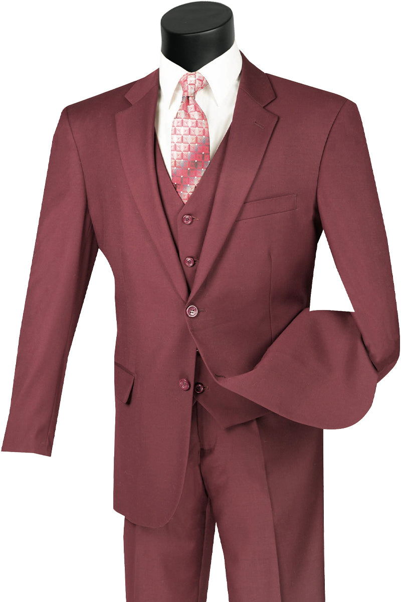 Mens Classic Fit Flat Front Vested Suit in Burgundy