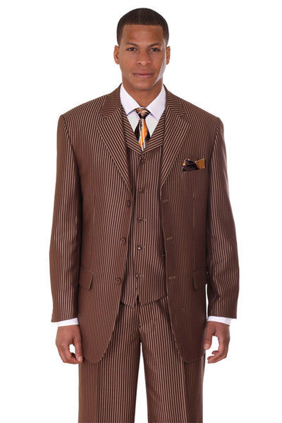 Mens 3 Button Vested Tonal Stripe Suit in Brown 1 5802V5-Brown-38R  - from alligatorwarehouse.com