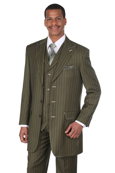 Mens 3 Button Vested Wide Peak Lapel 1920's Gangster Pinstripe Suit in Olive 1 5903V-Olive-38R  - from alligatorwarehouse.com