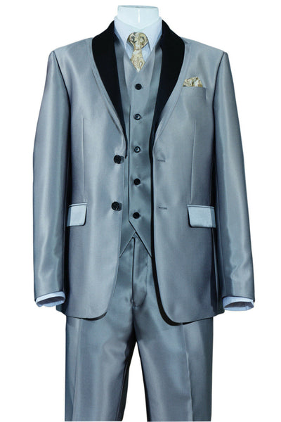 Mens 2 Button Vested Contrast Peak Lapel Sharkskin Tuxedo Suit in Silver 1 5702V5-Silver-38R  - from alligatorwarehouse.com