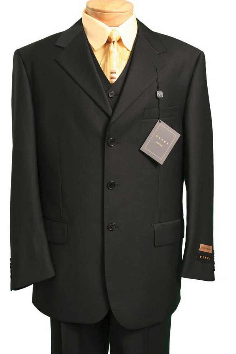 Mens 3 Button Vested Basic Wool Feel Suit in Black