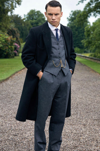 Mens Peaky Blinders Michael Gray Vested Suit & Black Overcoat Costume 1   - from alligatorwarehouse.com