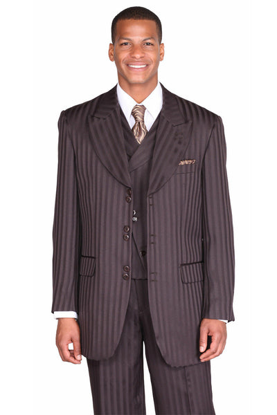 Mens Vested Wide Peak Lapel Ton on Ton Stripe Fashion Suit in Brown 1 29197V-Brown-38R  - from alligatorwarehouse.com