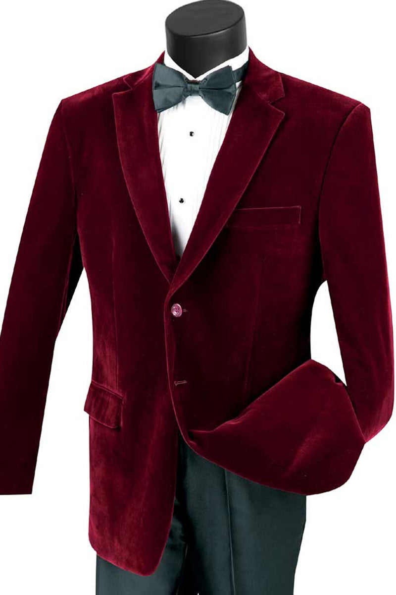 Mens Modern Fit 2 Button Velvet Blazer in Burgundy