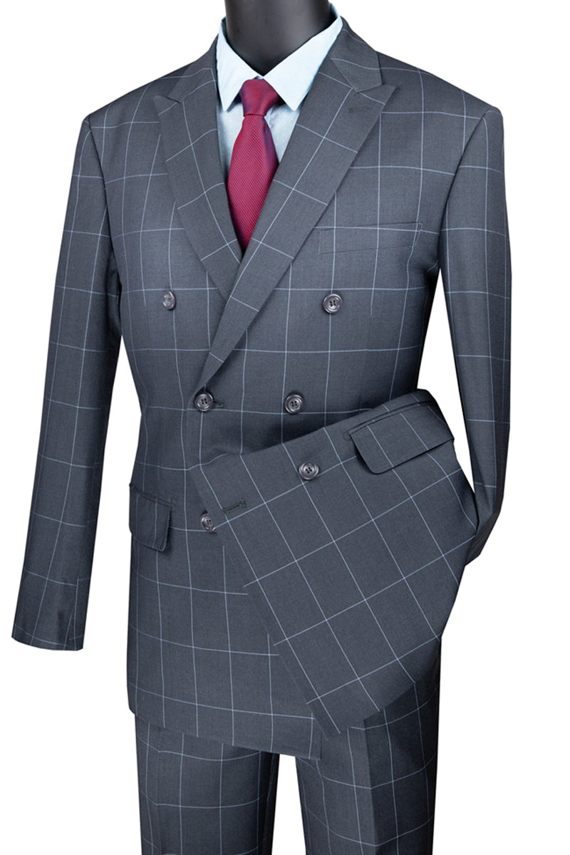 Mens Double Breasted Bold Windowpane Suit in Medium Grey