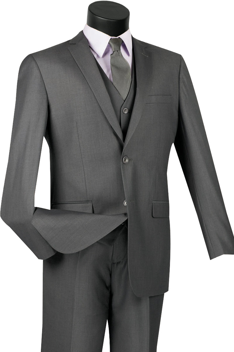 Mens Vested Slim Fit Wool Feel Suit in Heather Grey