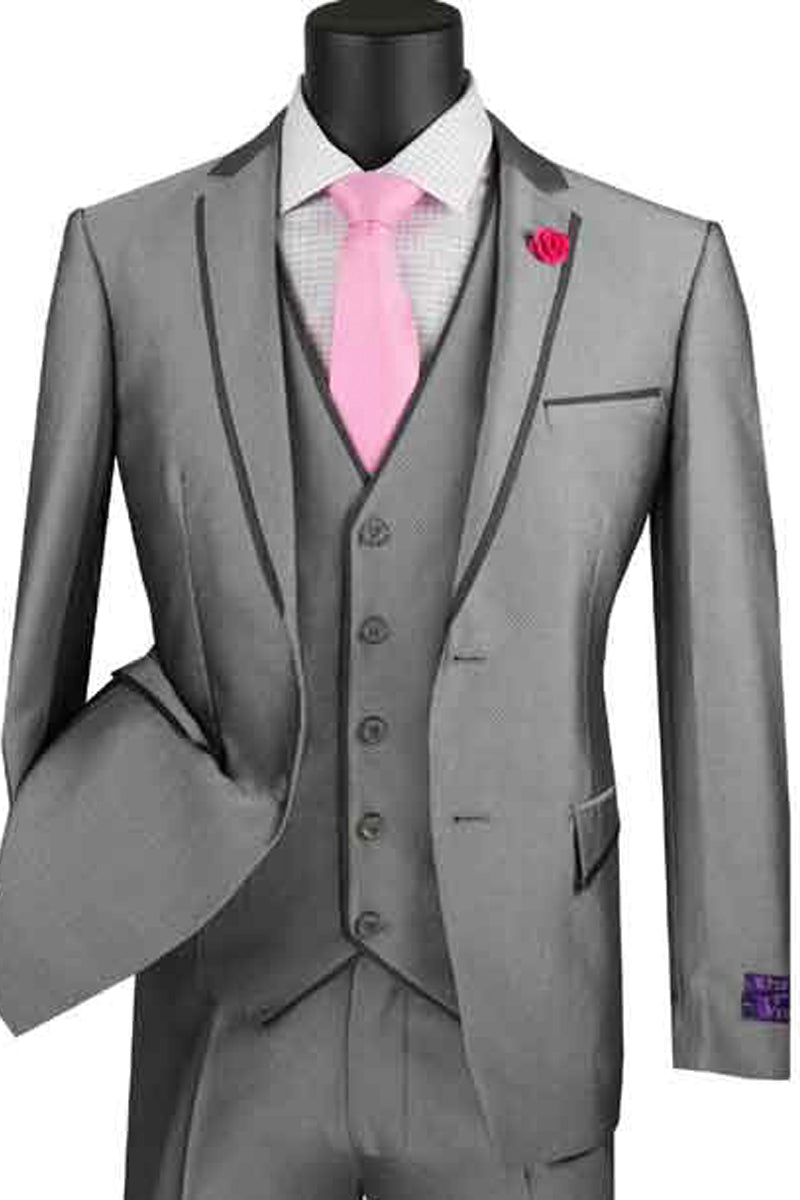 Mens Ultra Slim Fit Vested Suit with Trim in Grey