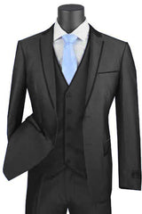 Mens Ultra Slim Fit Vested Suit with Trim in Black