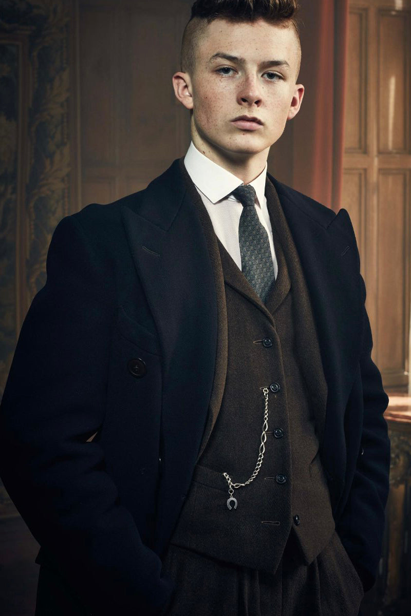 Mens Peaky Blinders Costume Finn Shelby Vested Suit & Overcoat