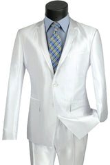 Mens Slim Fit Shiny Sharkskin Suit with Trim in White