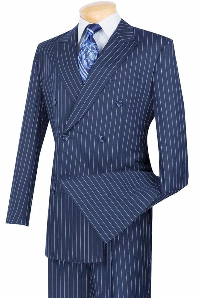 Mens Double Breasted Gangster Bold Pinstripe Suit in Blue