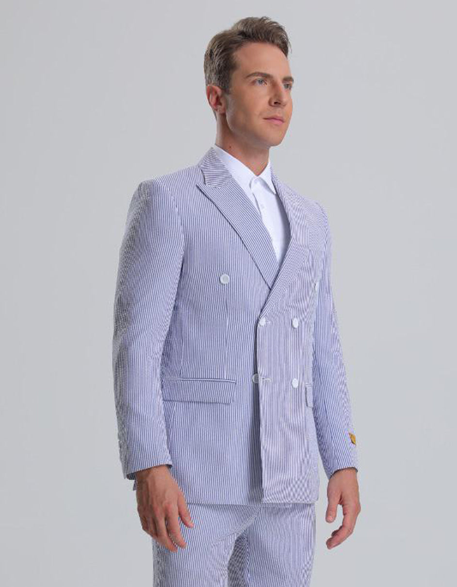 Mens Blue Pinstripe Summer Seersucker Double Breasted Suit