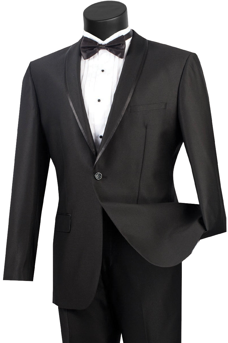 Mens One Button Shawl Tuxedo Suit With Trim in Black