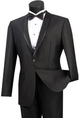 Mens One Button Shawl Tuxedo Suit With Trim in Black