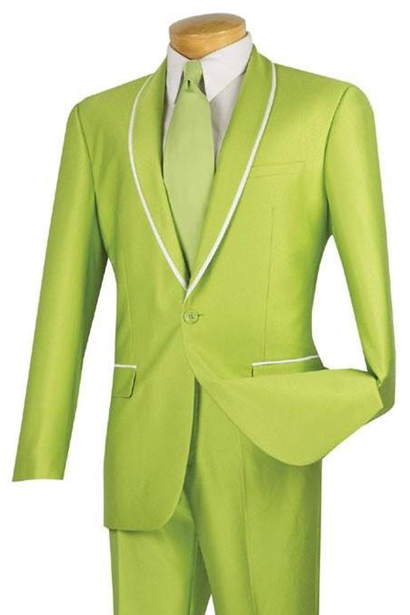 Mens One Button Shawl Tuxedo Suit With Trim in Apple