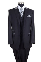 Mens Vested Peak Lapel with Contrast Collar Suit in Black/Grey