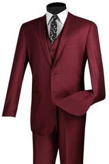 Mens Vested Slim Fit Wool Feel Suit in Burgundy