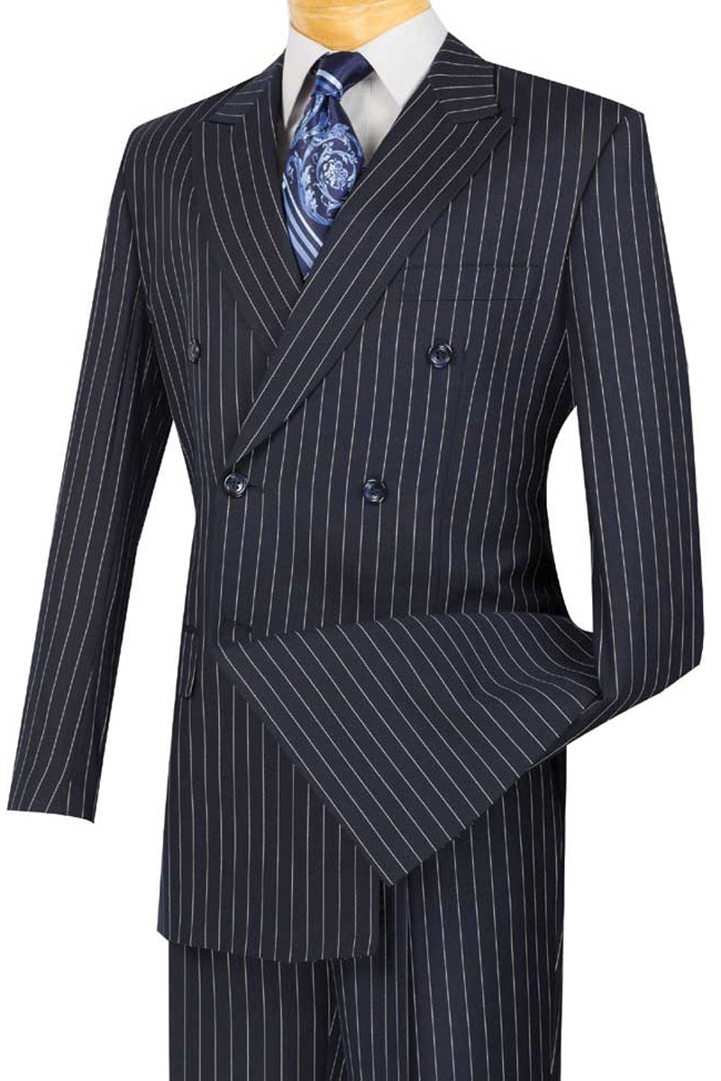 Mens Double Breasted Gangster Bold Pinstripe Suit in Navy