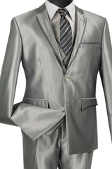 Mens Ultra Slim Fit Vested Shiny Sharkskin Suit with Trim in Grey