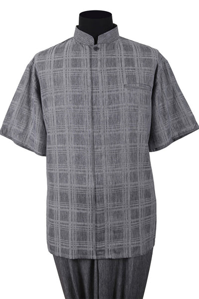 Mens Short Sleeve Plaid Mandarin Banded Collar Walking Suit in Grey