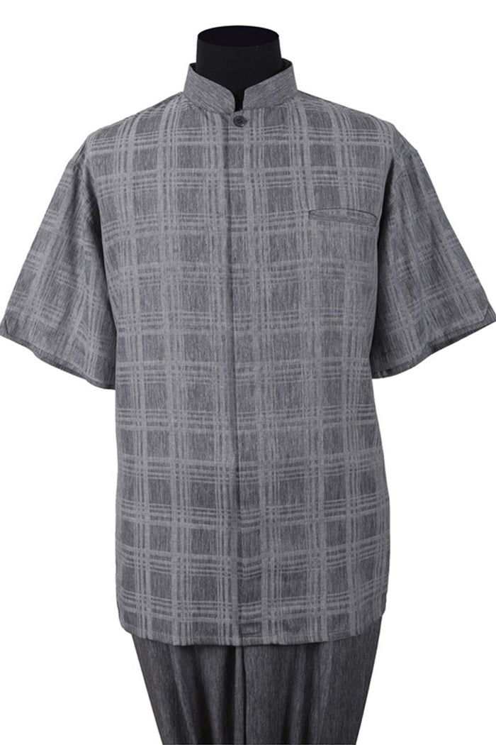 Mens Short Sleeve Plaid Mandarin Banded Collar Walking Suit in Grey