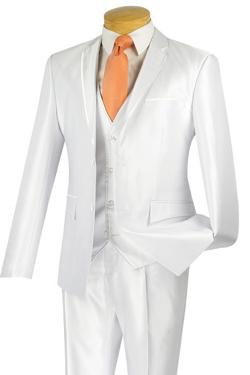 Mens Ultra Slim Fit Vested Shiny Sharkskin Suit with Trim in White