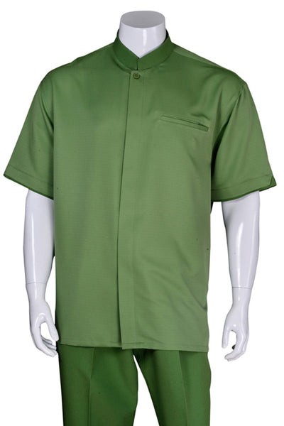 Mens Short Sleeve Banded Mandarin Collar Walking Suit in Green