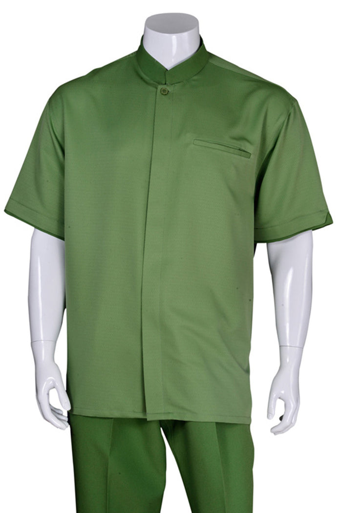 Mens Short Sleeve Banded Mandarin Collar Walking Suit in Green