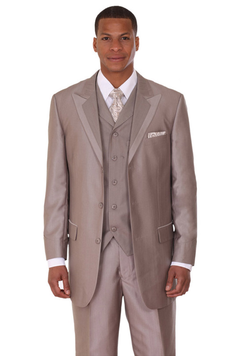 Mens 3 Button Fashion Suit with Wide Trimmed Peak Lapel in Tan