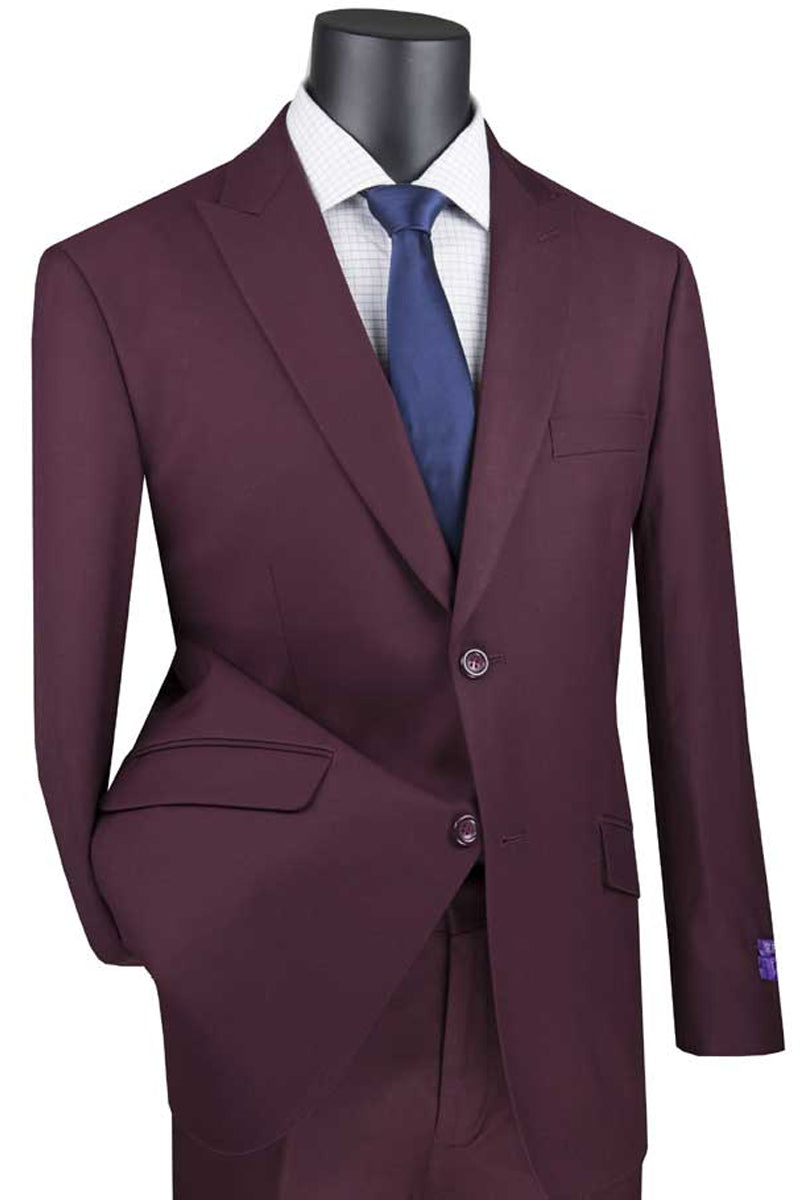 Mens 2 Button Modern Fit Peak Lapel Suit in Burgundy