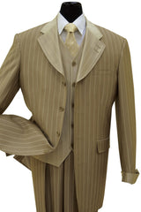 Mens 4 Button Vested Contrast Collar Fashion Pinstripe Suit in Brown