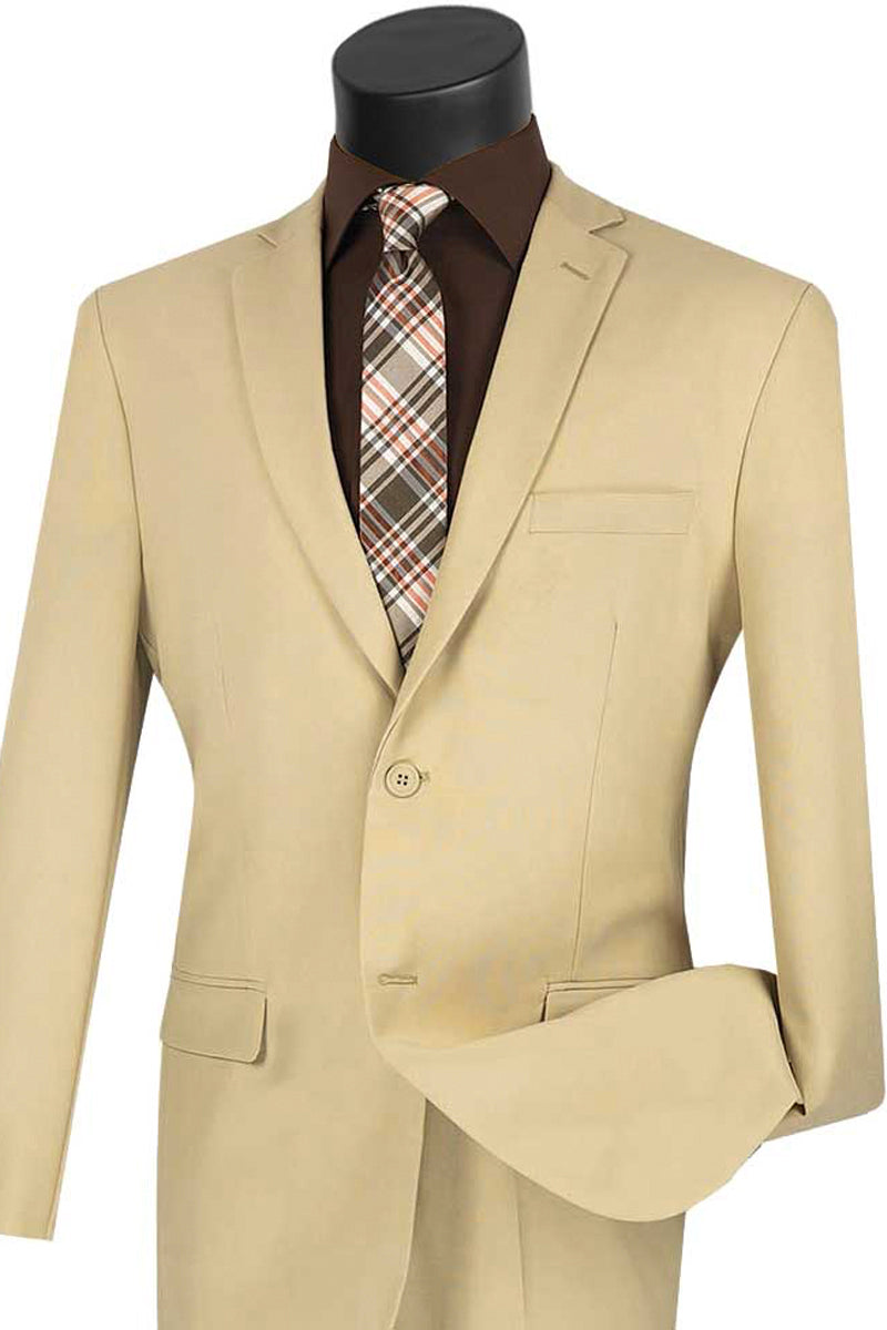 Mens 2 Button Slim Fit Poplin Suit in Beige