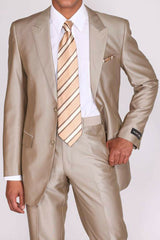 Mens 2 Button Peak Lapel Shiny Sharkskin Suit in Tan