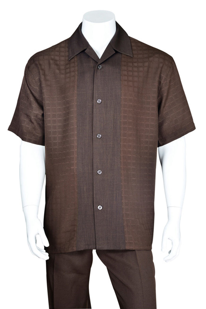 Mens Short Sleeve Tonal Windowpane Leisure Set in Brown