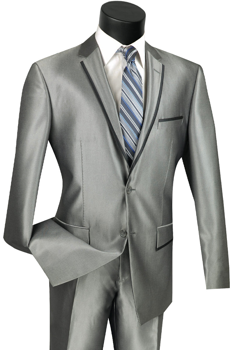 Mens Slim Fit Shiny Sharkskin Suit with Trim in Grey