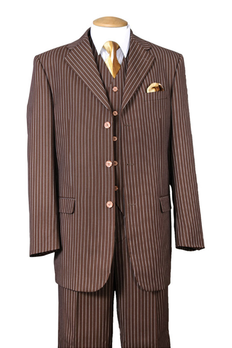 Mens Vested 3 Button 1920's Bold Gangster Chalk Pinstripe Suit in Brow ...