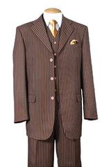 Mens Vested 3 Button 1920's Bold Gangster Chalk Pinstripe Suit in Brown