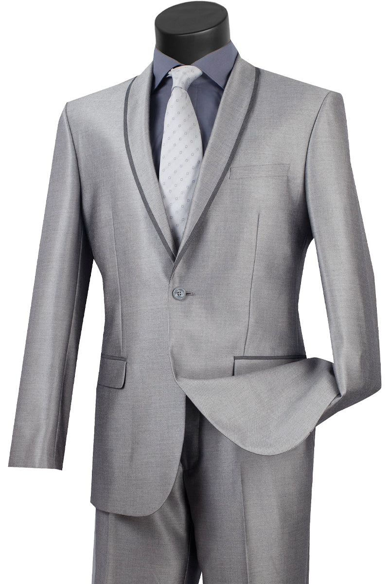 Mens One Button Shawl Tuxedo Suit With Trim in Grey