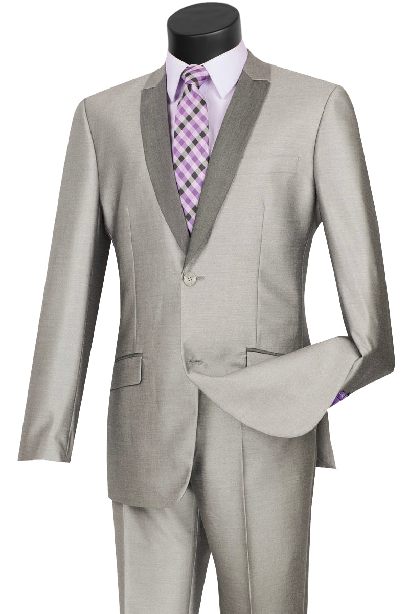 Mens 2 Buttton Slim Contrast Peak Lapel Tuxedo in Grey